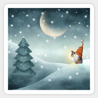 Scandinavian gnome on winter landscape watercolor illustration. Nordic tomte gnome with Christmas tree. Moonlight snow forest Sticker